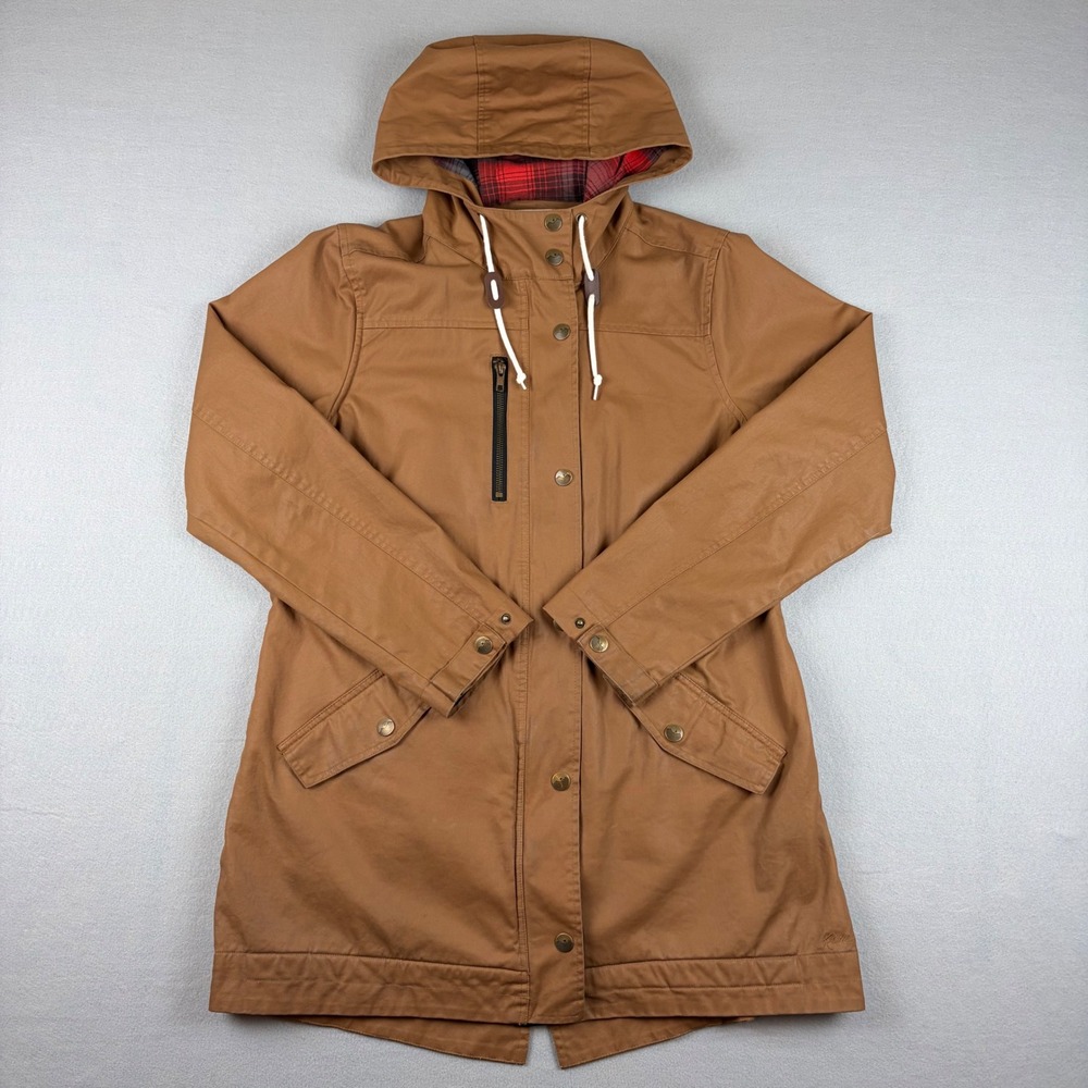 Kavu Sundowner Womens Large Waxed Cotton Hooded Jacket Brown Plaid Lined Parka